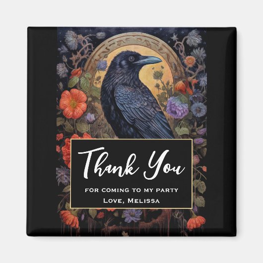 Black Raven met bloemen Gothic Design Dank u Magneet (Voorkant)