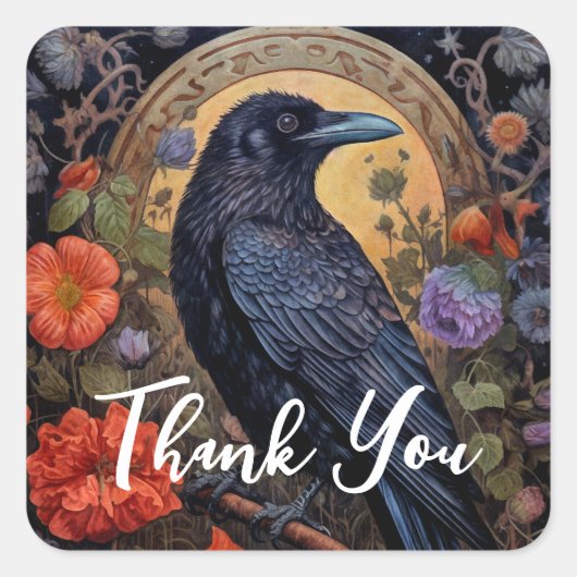 Black Raven met bloemen Gothic Design Dank u Vierkante Sticker (Voorkant)