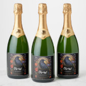 Black Raven met Bloemen Gothic Design Proost! Sparkling Wijnetiket (Flessen)
