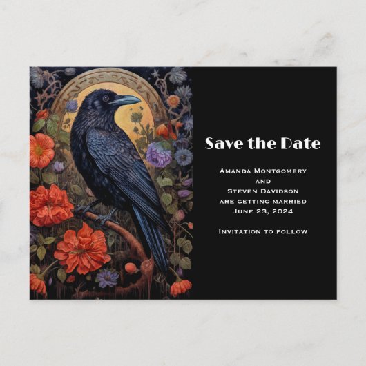 Black Raven met bloemen Gothic Save the Date Uitnodiging Briefkaart (Voorkant)