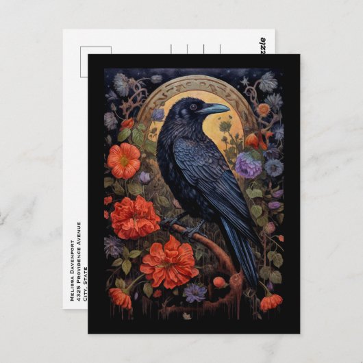 Black Raven met bloemen Gotisch ontwerp Briefkaart (Voorkant / Achterkant)