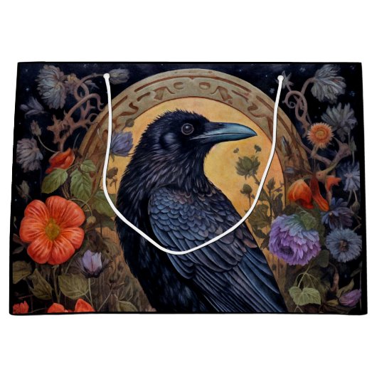 Black Raven met bloemen Gotisch ontwerp Groot Cadeauzakje (Voorkant)