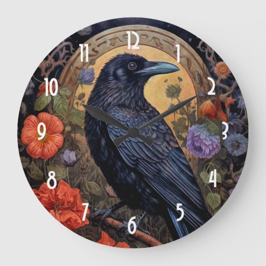 Black Raven met bloemen Gotisch ontwerp Grote Klok (Voorkant)