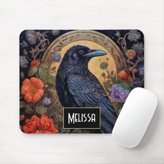 Black Raven met bloemen Gotisch ontwerp Muismat (Met muis)