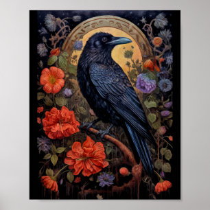 Black Raven met bloemen Gotisch ontwerp Poster