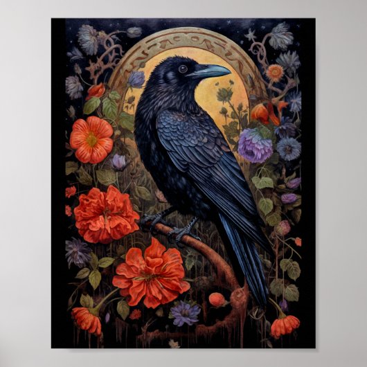 Black Raven met bloemen Gotisch ontwerp Poster (Voorkant)