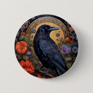 Black Raven met bloemen Gotisch ontwerp Ronde Button 5,7 Cm