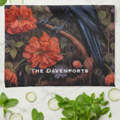 Black Raven met bloemen Gotisch ontwerp Theedoek (Gevouwen)