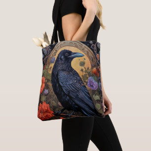 Black Raven met bloemen Gotisch ontwerp Tote Bag