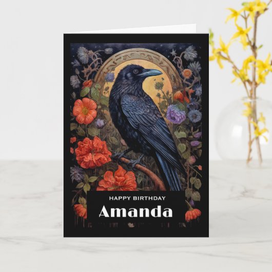 Black Raven met Bloemen Gotisch Ontwerp Verjaardag Kaart (Gele Bloem)