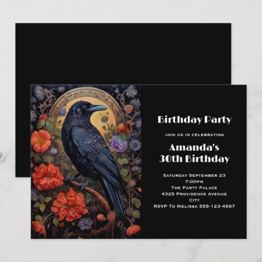 Black Raven met Bloemen Gotisch Ontwerp Verjaardag Kaart (Voorkant / Achterkant)