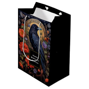 Black Raven met Bloemen Gotisch Ontwerp Verjaardag Medium Cadeauzakje