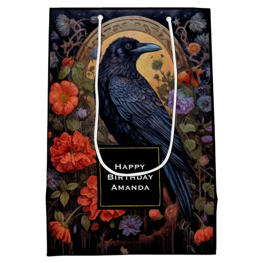 Black Raven met Bloemen Gotisch Ontwerp Verjaardag Medium Cadeauzakje (Achterkant)