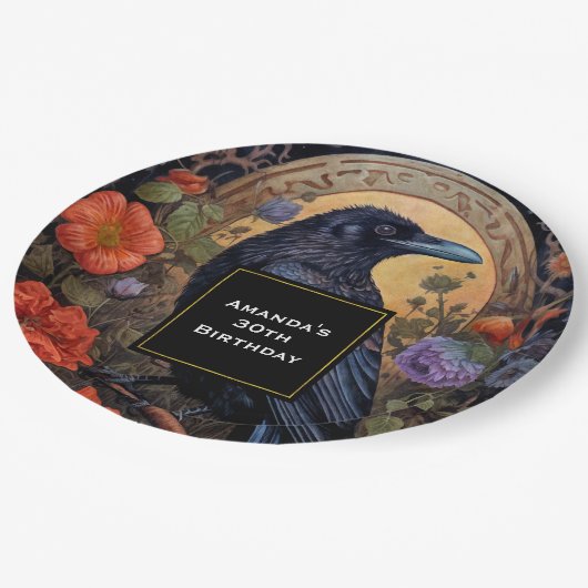 Black Raven met Bloemen Gotisch Ontwerp Verjaardag Papieren Bordje (Gekanteld)