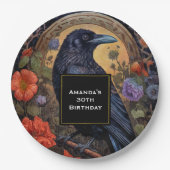Black Raven met Bloemen Gotisch Ontwerp Verjaardag Papieren Bordje (Voorkant)