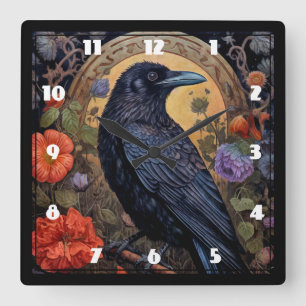 Black Raven met bloemen Gotisch ontwerp Vierkante Klok
