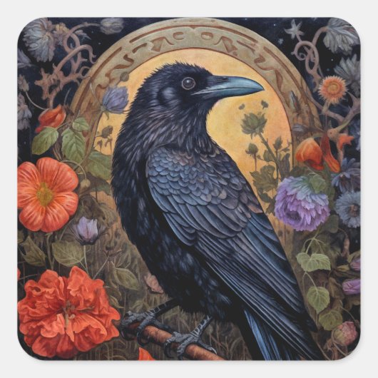 Black Raven met bloemen Gotisch ontwerp Vierkante Sticker (Voorkant)