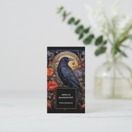 Black Raven met bloemen Gotisch ontwerp Visitekaartje (Staand voorkant)