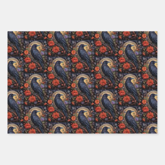 Black Raven met bloemen Gotisch Patroon Inpakpapier Vel (Voorkant 2)