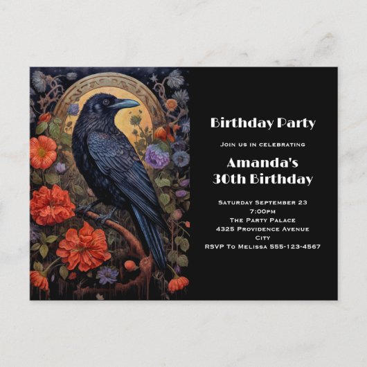 Black Raven met Bloemen Gotische Verjaardag Uitnod Briefkaart (Voorkant)