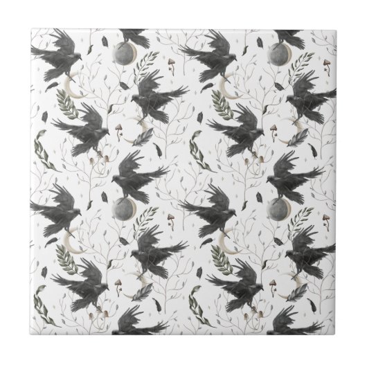 Black Raven, Moon and Wild Planten Witchcraft Tegeltje (Voorkant)