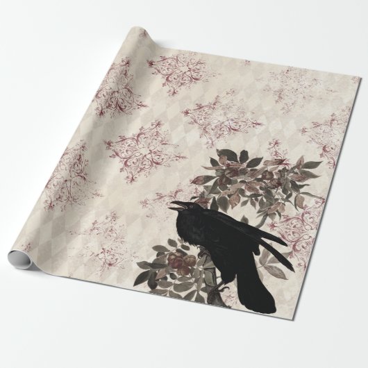 Black Raven op Branch Burgundy Damask Cadeaupapier (Uitgerold)