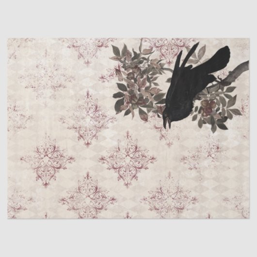 Black Raven op Branch Burgundy Damask Decoupage Tissuepapier (Voorkant)