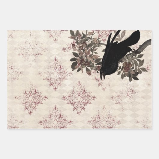 Black Raven op Branch Burgundy Damask Inpakpapier Vel (Voorkant 3)
