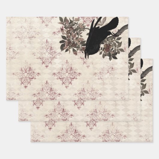 Black Raven op Branch Burgundy Damask Inpakpapier Vel (Set)