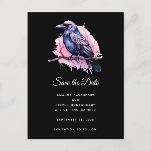 Black Raven op een Branch Illustratie bruiloft Aankondigingskaart (Voorkant)
