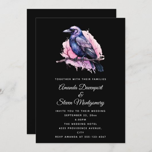 Black Raven op een Branch Illustratie bruiloft Kaart (Voorkant / Achterkant)