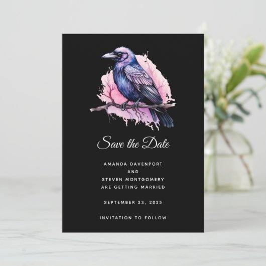 Black Raven op een Branch Illustratie bruiloft Save The Date (Staand voorkant)