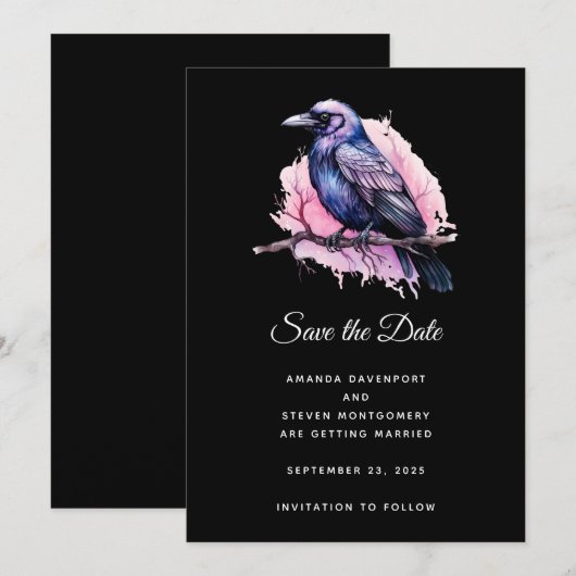 Black Raven op een Branch Illustratie bruiloft Save The Date (Voorkant / Achterkant)