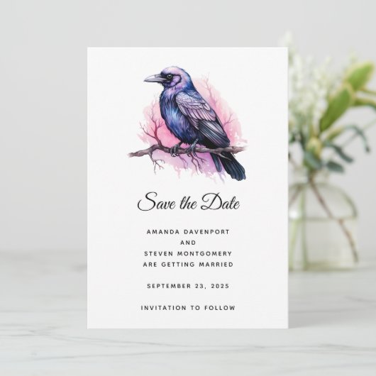 Black Raven op een Branch Illustratie bruiloft Save The Date (Staand voorkant)