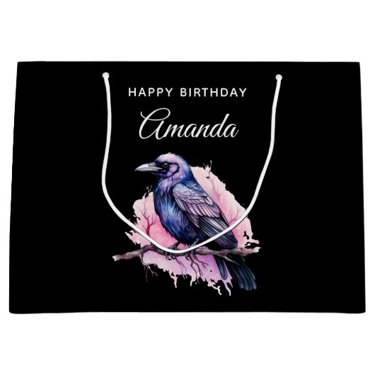 Black Raven op een Branch Illustratie Verjaardag Groot Cadeauzakje (Voorkant)