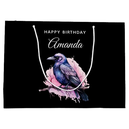 Black Raven op een Branch Illustratie Verjaardag Groot Cadeauzakje (Achterkant)