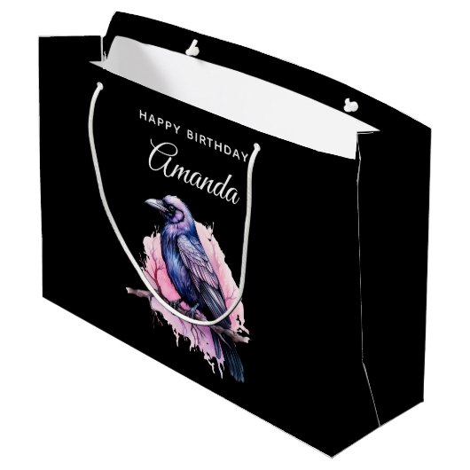 Black Raven op een Branch Illustratie Verjaardag Groot Cadeauzakje (Achterkant Gekanteld)