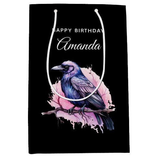 Black Raven op een Branch Illustratie Verjaardag Medium Cadeauzakje (Voorkant)