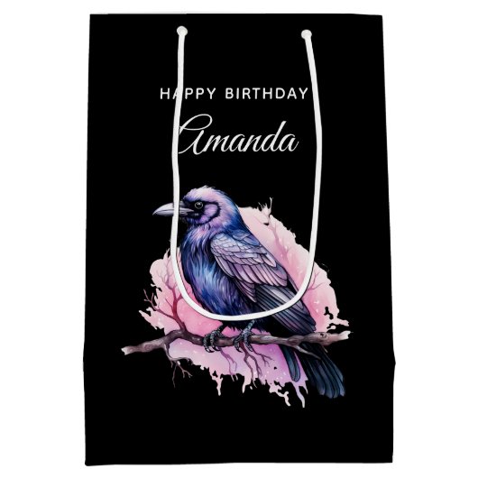 Black Raven op een Branch Illustratie Verjaardag Medium Cadeauzakje (Achterkant)