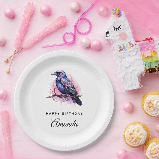Black Raven op een Branch Illustratie Verjaardag Papieren Bordje (Feest)