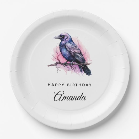 Black Raven op een Branch Illustratie Verjaardag Papieren Bordje (Voorkant)