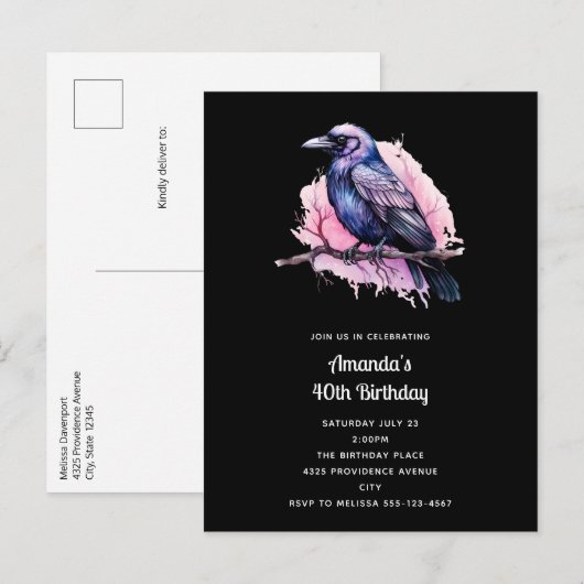 Black Raven op een Branch Illustratie Verjaardag Uitnodiging Briefkaart (Voorkant / Achterkant)