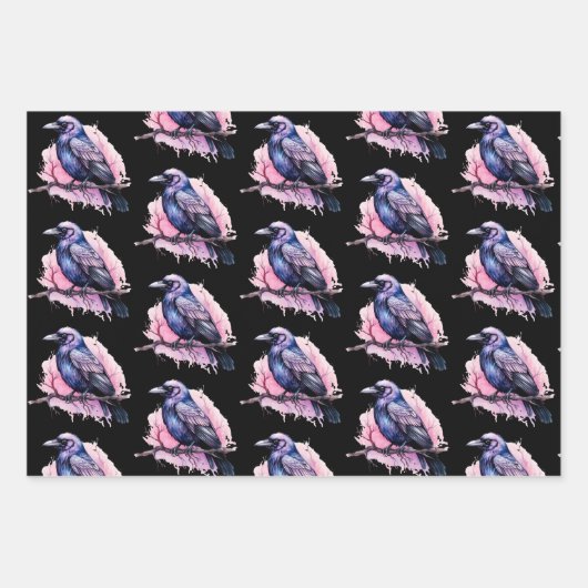 Black Raven op een Branch Pattern Inpakpapier Vel (Voorkant 2)