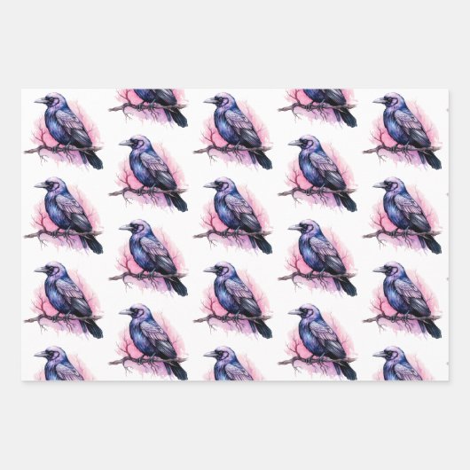 Black Raven op een Branch Pattern Inpakpapier Vel (Voorkant)
