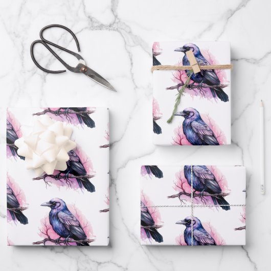 Black Raven op een Branch Pattern Inpakpapier Vel (Voorkant)