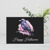 Black Raven op een tak Illustratie Halloween Bedankkaart (Staand voorkant)