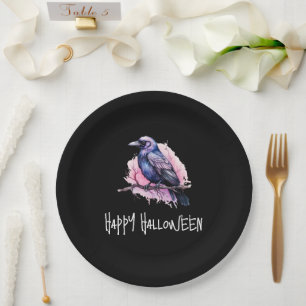 Black Raven op een tak Illustratie Halloween Papieren Bordje
