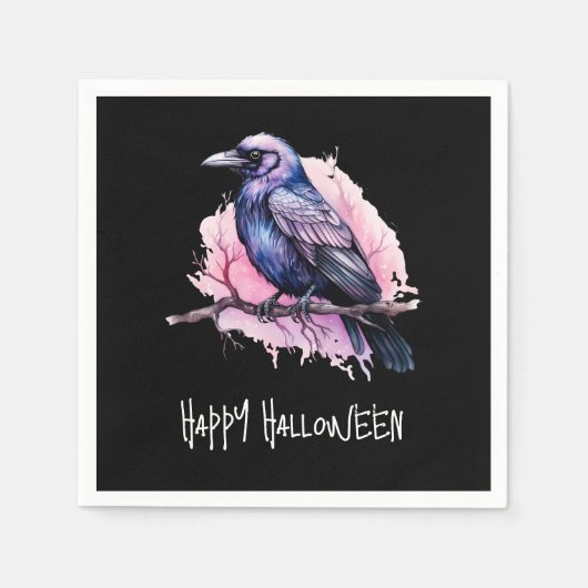 Black Raven op een tak Illustratie Halloween Servet (Voorkant)