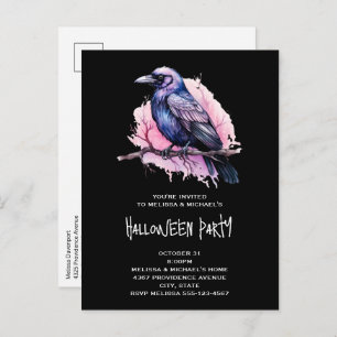 Black Raven op een tak Illustratie Halloween Uitnodiging Briefkaart