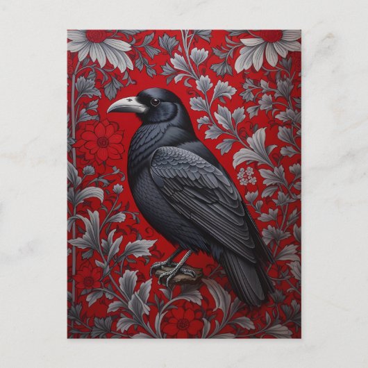 Black Raven Red Floral William Morris Inspired Briefkaart (Voorkant)